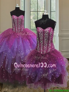 Fitting Three Piece Ball Gowns Quinceanera Dress Multi-color Sweetheart Tulle Sleeveless Floor Length Lace Up