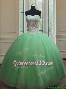 New Arrival Spring Green Tulle Lace Up Ball Gown Prom Dress Sleeveless Floor Length Beading