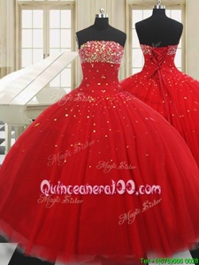 Cute Red Tulle Lace Up Strapless Sleeveless Floor Length Sweet 16 Dresses Beading
