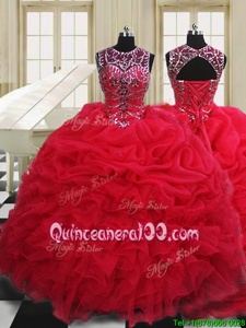 Top Selling Red Ball Gowns Scoop Sleeveless Organza Floor Length Lace Up Beading and Pick Ups Sweet 16 Dress
