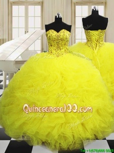 Suitable Sweetheart Sleeveless Sweet 16 Quinceanera Dress Floor Length Beading and Ruffles Light Yellow Tulle