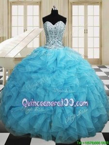 Baby Blue Organza Lace Up Sweetheart Sleeveless Floor Length 15 Quinceanera Dress Beading and Ruffles