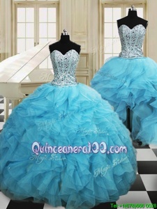 New Arrival Three Piece Sleeveless Lace Up Floor Length Beading and Ruffles Quinceanera Gown
