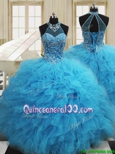 Affordable Baby Blue Scoop Lace Up Beading and Ruffles Quinceanera Dresses Sleeveless