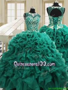 Elegant Scoop Teal Ball Gowns Beading and Ruffles Sweet 16 Dresses Lace Up Organza Sleeveless Floor Length