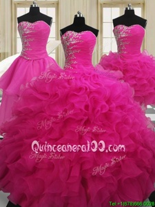 Nice Four Piece Hot Pink Sleeveless Floor Length Beading Zipper 15 Quinceanera Dress