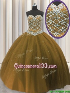 Ideal Brown Quinceanera Dresses Military Ball and Sweet 16 and Quinceanera and For withBeading Sweetheart Sleeveless Lace Up
