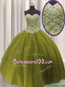 Sleeveless Floor Length Beading Lace Up 15th Birthday Dress with Olive Green