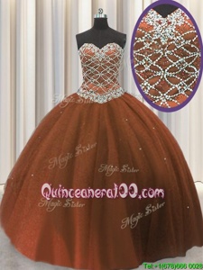 Glamorous Floor Length Lace Up Sweet 16 Dress Brown and In forMilitary Ball and Sweet 16 and Quinceanera withBeading and Sequins