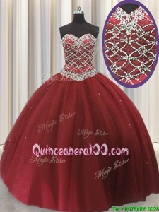 Enchanting Red Sleeveless Beading and Sequins Floor Length Quinceanera Gown