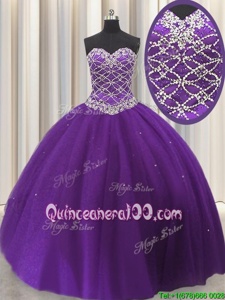 Admirable Sleeveless Tulle Floor Length Lace Up Quince Ball Gowns inEggplant Purple forSpring and Summer and Fall and Winter withBeading and Sequins