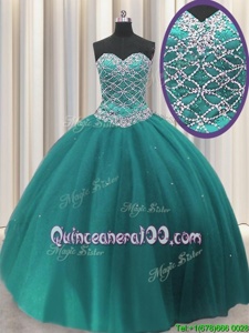 Shining Sequins Teal Sleeveless Tulle Lace Up Sweet 16 Quinceanera Dress forMilitary Ball and Sweet 16 and Quinceanera