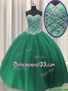 Dark Green Sleeveless Floor Length Beading and Sequins Lace Up Sweet 16 Quinceanera Dress