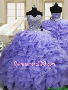 Elegant Lavender 15 Quinceanera Dress Organza Sweep Train Sleeveless Spring and Summer and Fall and Winter Beading and Ruffles