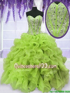 Glittering Yellow Green Lace Up Sweet 16 Quinceanera Dress Beading and Ruffles Sleeveless Floor Length