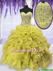 Ideal Floor Length Ball Gowns Sleeveless Yellow Green Quince Ball Gowns Lace Up