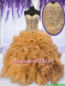 Customized Floor Length Gold Quinceanera Dress Sweetheart Sleeveless Lace Up