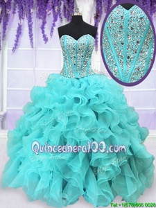 Flirting Aqua Blue Sweetheart Lace Up Beading and Ruffles Quinceanera Gowns Sleeveless