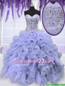 Inexpensive Sleeveless Organza Floor Length Lace Up Vestidos de Quinceanera inLavender forSpring and Summer and Fall and Winter withBeading and Ruffles