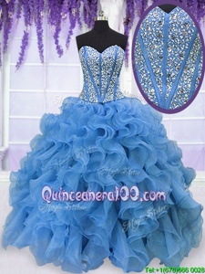 Fashion Baby Blue Organza Lace Up Sweetheart Sleeveless Floor Length Quince Ball Gowns Beading and Ruffles