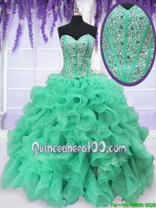 Flirting Turquoise Lace Up Sweetheart Beading and Ruffles Sweet 16 Quinceanera Dress Organza Sleeveless