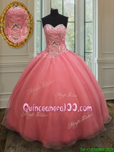 Flare Watermelon Red Lace Up Sweetheart Beading and Belt Quinceanera Gowns Organza Sleeveless