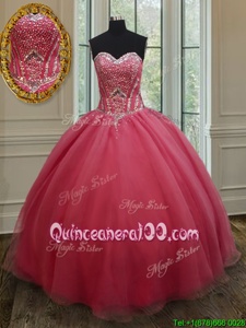 Watermelon Red Organza Lace Up Quinceanera Dress Sleeveless Floor Length Beading and Ruching