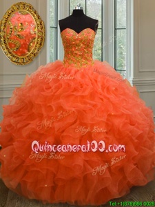 Unique Floor Length Ball Gowns Sleeveless Orange Red Ball Gown Prom Dress Lace Up