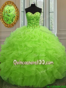 Dynamic Yellow Green Sleeveless Floor Length Beading and Ruffles Lace Up Vestidos de Quinceanera