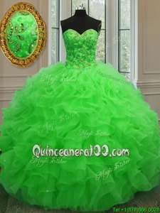 New Style Spring Green Ball Gowns Beading and Ruffles Quinceanera Dresses Lace Up Organza Sleeveless Floor Length