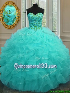 Comfortable Sweetheart Sleeveless Organza Ball Gown Prom Dress Beading and Ruffles Lace Up