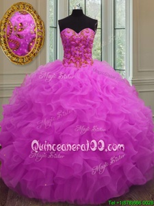 Free and Easy Fuchsia Sleeveless Organza Lace Up Vestidos de Quinceanera forMilitary Ball and Sweet 16 and Quinceanera