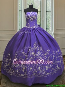 Smart Satin Strapless Sleeveless Lace Up Embroidery 15 Quinceanera Dress inPurple