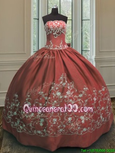 Traditional Rust Red Sleeveless Embroidery Floor Length Sweet 16 Quinceanera Dress