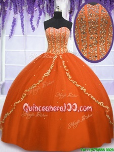 Cheap Orange Tulle Lace Up Sweetheart Sleeveless Floor Length Quinceanera Dress Beading