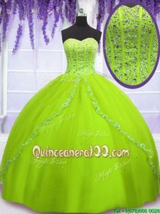 Discount Yellow Green Ball Gowns Tulle Sweetheart Sleeveless Beading Floor Length Lace Up Quinceanera Dresses