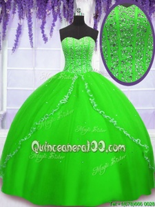 Comfortable Spring Green Tulle Lace Up Sweetheart Sleeveless Floor Length Quinceanera Gown Beading