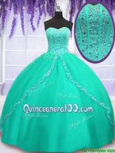 Sequins Turquoise Sleeveless Tulle Lace Up Sweet 16 Dresses