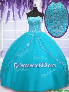 Custom Made Backless Sweetheart Sleeveless Sweet 16 Quinceanera Dress Floor Length Beading and Sequins Aqua Blue Tulle