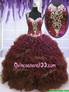 Sophisticated Burgundy Ball Gowns Straps Sleeveless Tulle Floor Length Zipper Beading and Ruffles 15th Birthday Dress