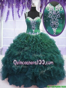 Best Straps Straps Floor Length Zipper 15 Quinceanera Dress Dark Green and In forMilitary Ball and Sweet 16 and Quinceanera withBeading and Ruffles