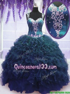 Wonderful Straps Sleeveless Tulle Quinceanera Gown Beading and Ruffles Zipper