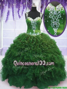 Cheap Straps Straps Floor Length Zipper Quinceanera Gown Green and In forMilitary Ball and Sweet 16 and Quinceanera withBeading and Ruffles
