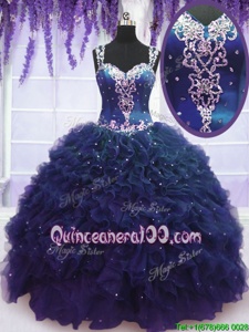 Fine Straps Straps Navy Blue Tulle Zipper Quinceanera Gowns Sleeveless Floor Length Beading and Ruffles