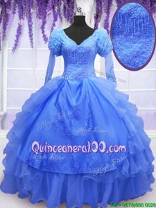 Comfortable One Shoulder Blue Ball Gowns Beading and Embroidery and Hand Made Flower Vestidos de Quinceanera Lace Up Organza Long Sleeves Floor Length