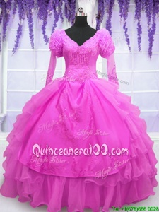 Luxurious Hot Pink Quinceanera Gown Military Ball and Sweet 16 and Quinceanera and For withBeading and Embroidery and Hand Made Flower V-neck Long Sleeves Lace Up