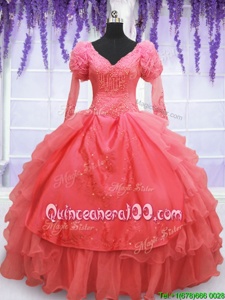 Fine V-neck Long Sleeves Sweet 16 Dress Floor Length Beading and Embroidery Coral Red Organza