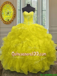 Low Price Ball Gowns 15th Birthday Dress Yellow Sweetheart Organza Sleeveless Floor Length Lace Up