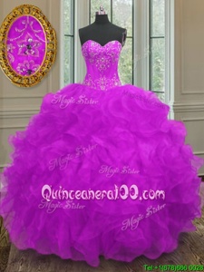 Sweetheart Sleeveless Sweet 16 Dresses Floor Length Beading and Embroidery and Ruffles Purple Organza