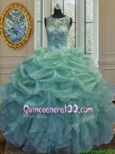 Adorable Scoop Sleeveless Quinceanera Dresses Floor Length Beading and Ruffles and Pick Ups Green Organza